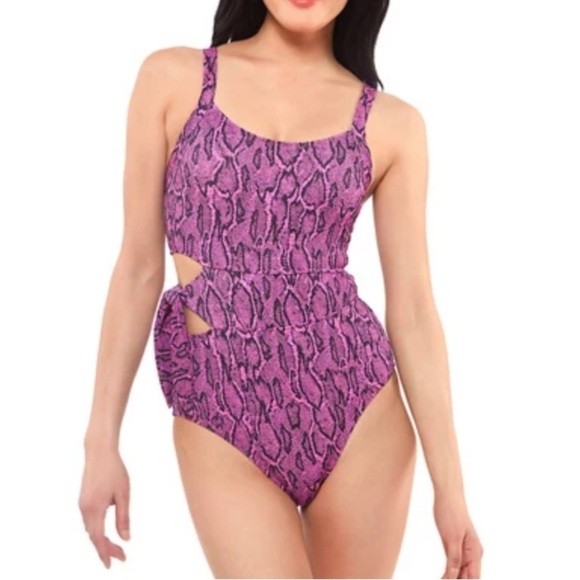 NWT Jessica Simpson Snakeskin Asymmetric Tied One Piece Swimsuit in Fuchsia L - Picture 1 of 12